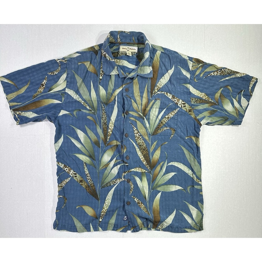 Tommy Bahama Blue Floral‎ Leaf 100% Silk Button Camp Collar Hawaiian Shirt Large